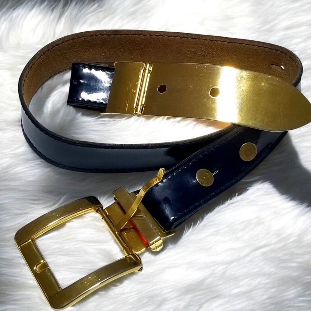 Rare Women’s Art Deco Belt Italian Retro Patent Leather in Blue w/a Gold Buckle